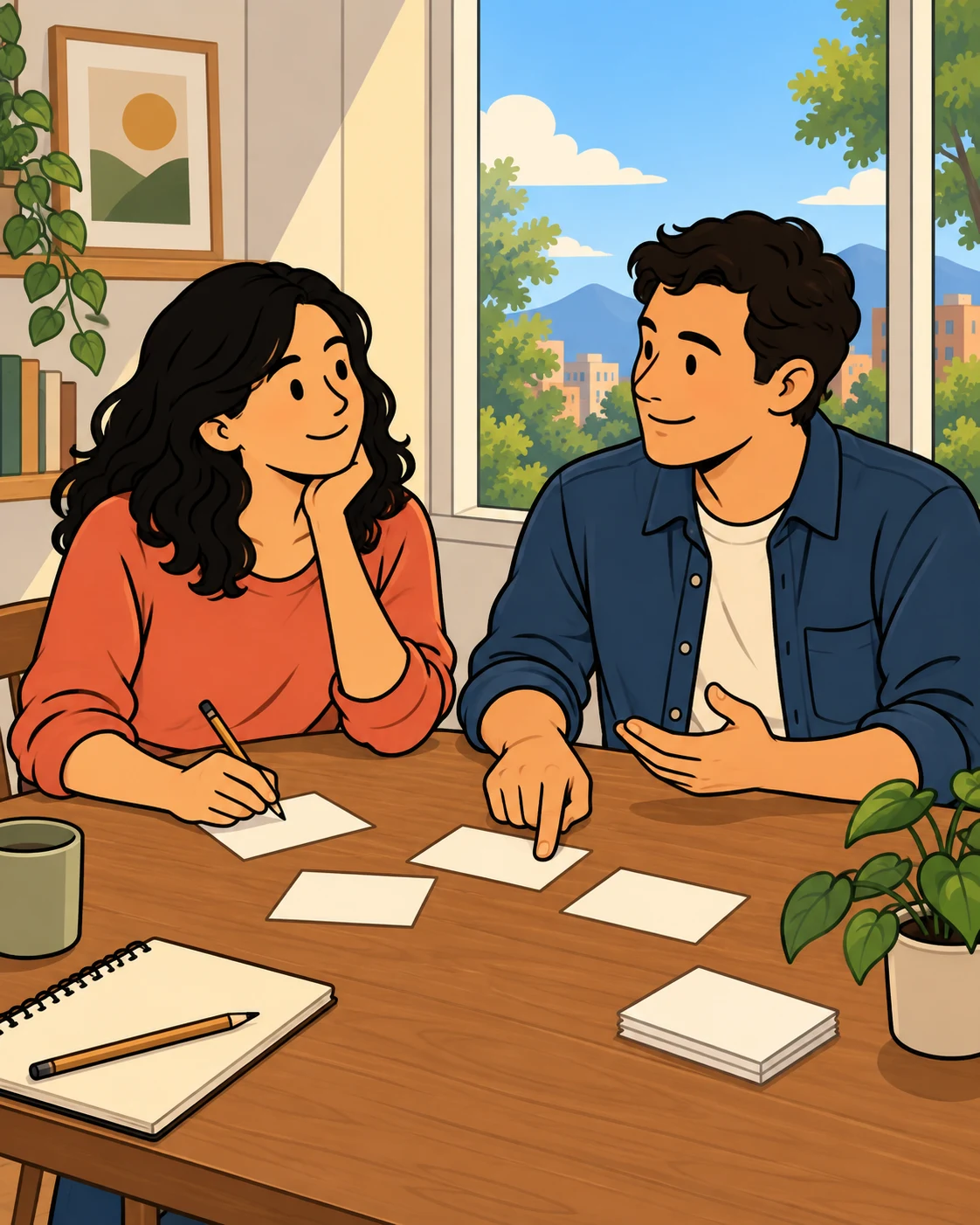 Dos personas conversan alrededor de preguntas de reflexión en una mesa