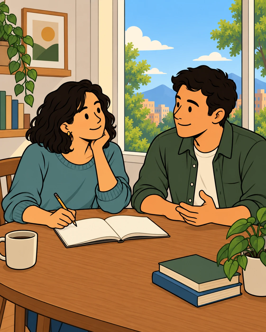 Dos personas revisan juntas un cuaderno junto a una ventana