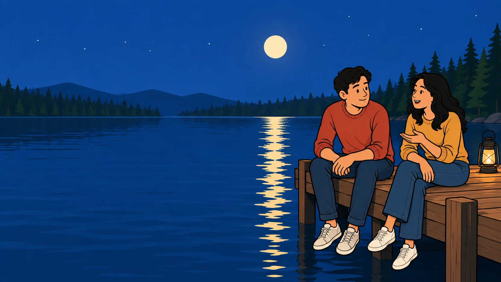 Dos personas conversan junto a un lago azul bajo la luna