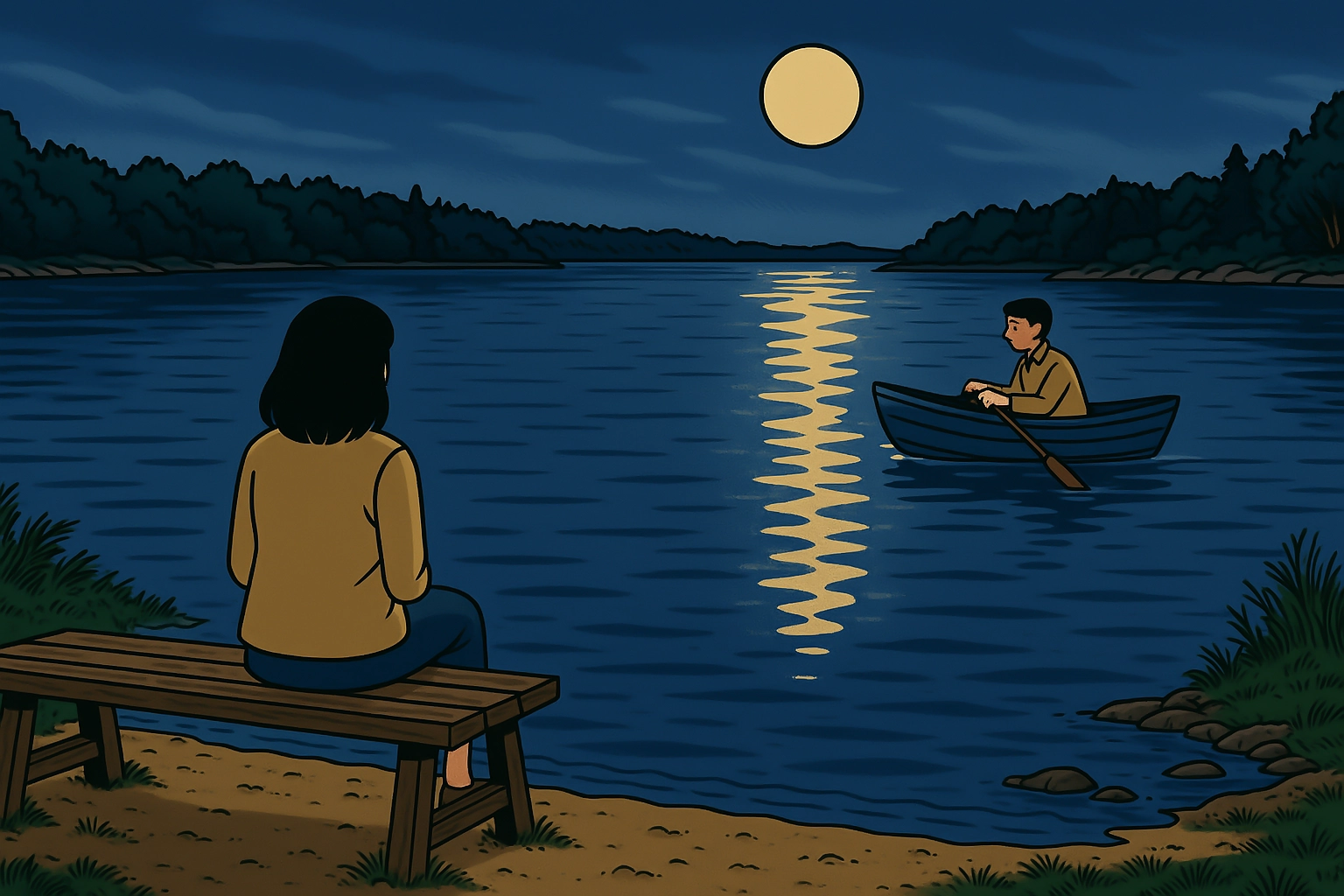 Ilustración nocturna de una mujer en la orilla observando una barca en el lago bajo la luna