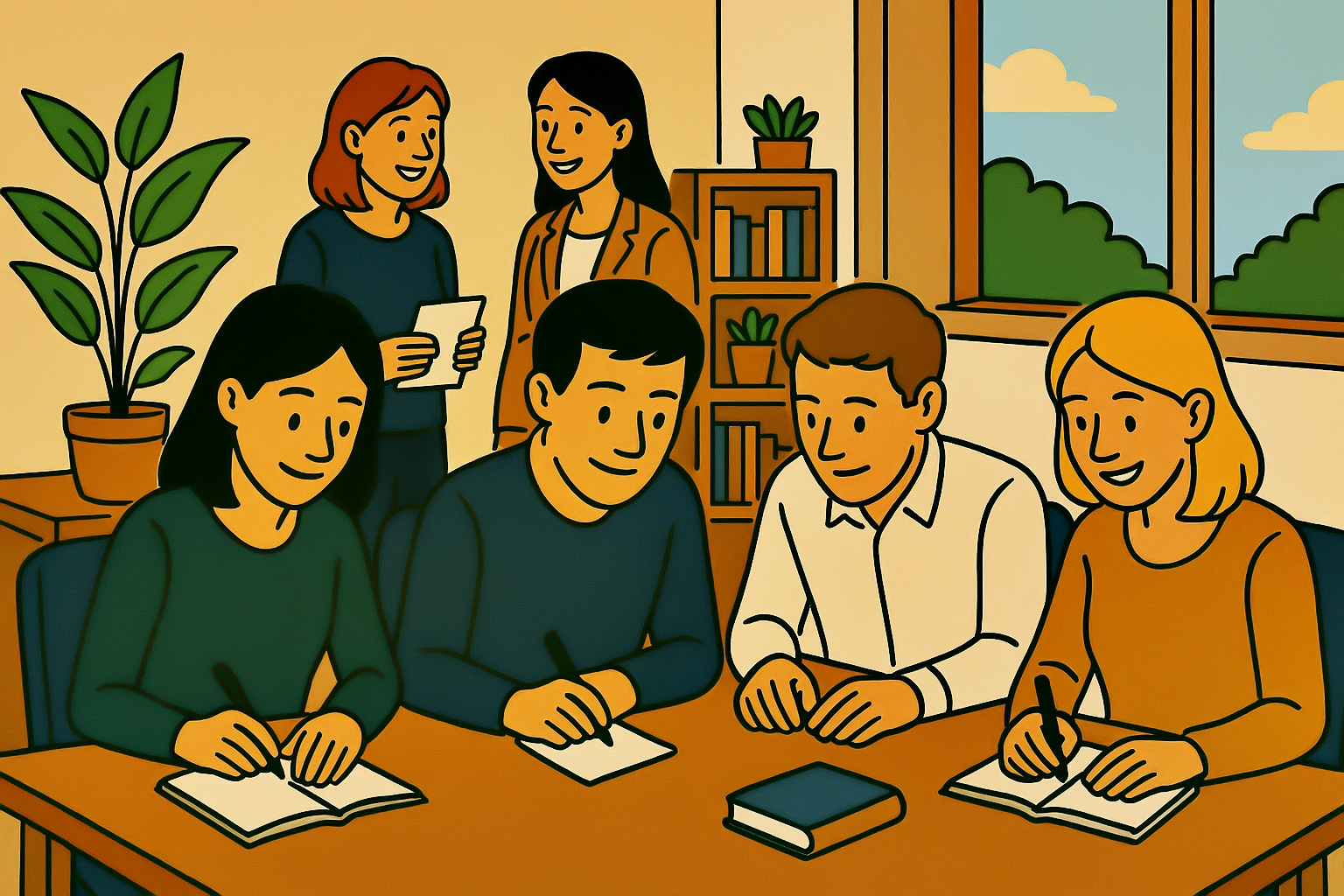 Ilustración de personas conversando en casa