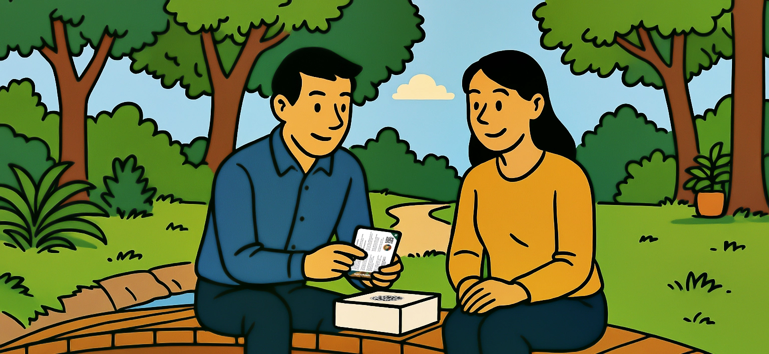 Ilustración de dos personas usando la edición física de Puente de Corazones