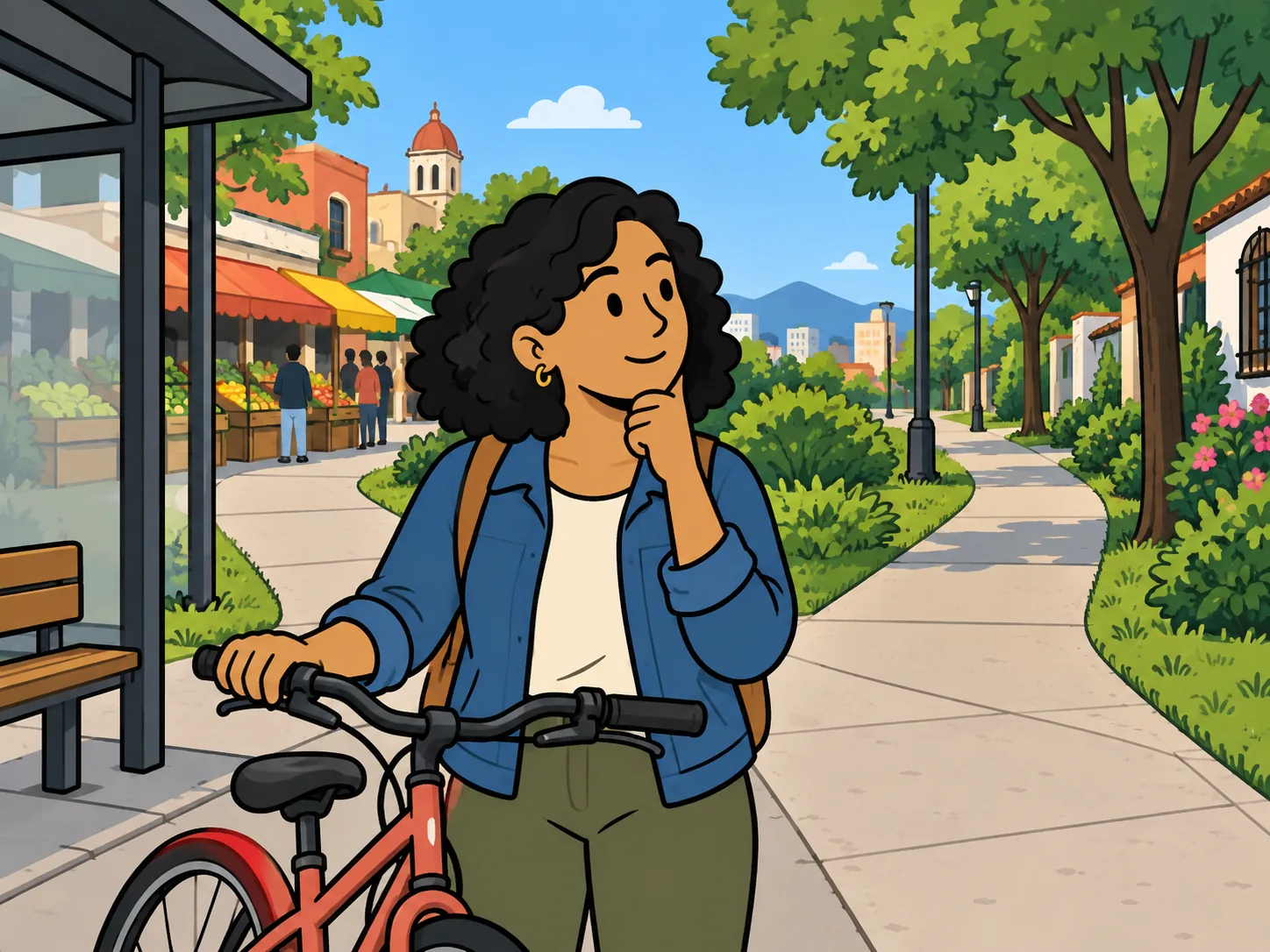Una mujer con bicicleta piensa por cuál camino seguir