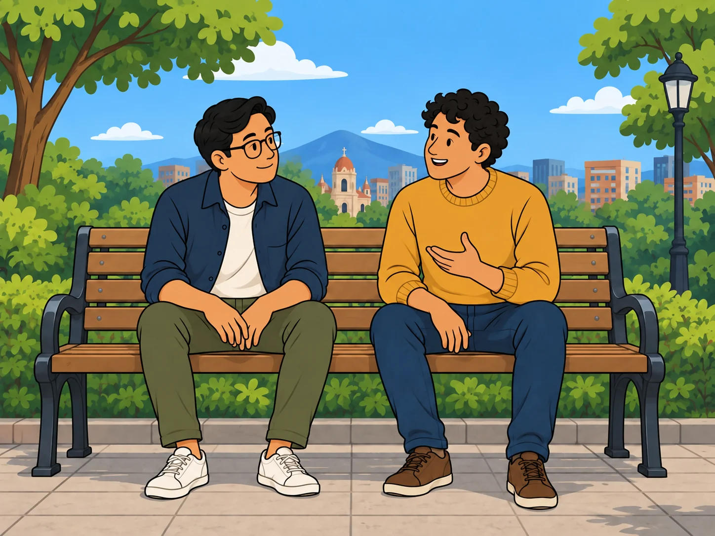 Dos amigos se escuchan durante una conversación en un parque